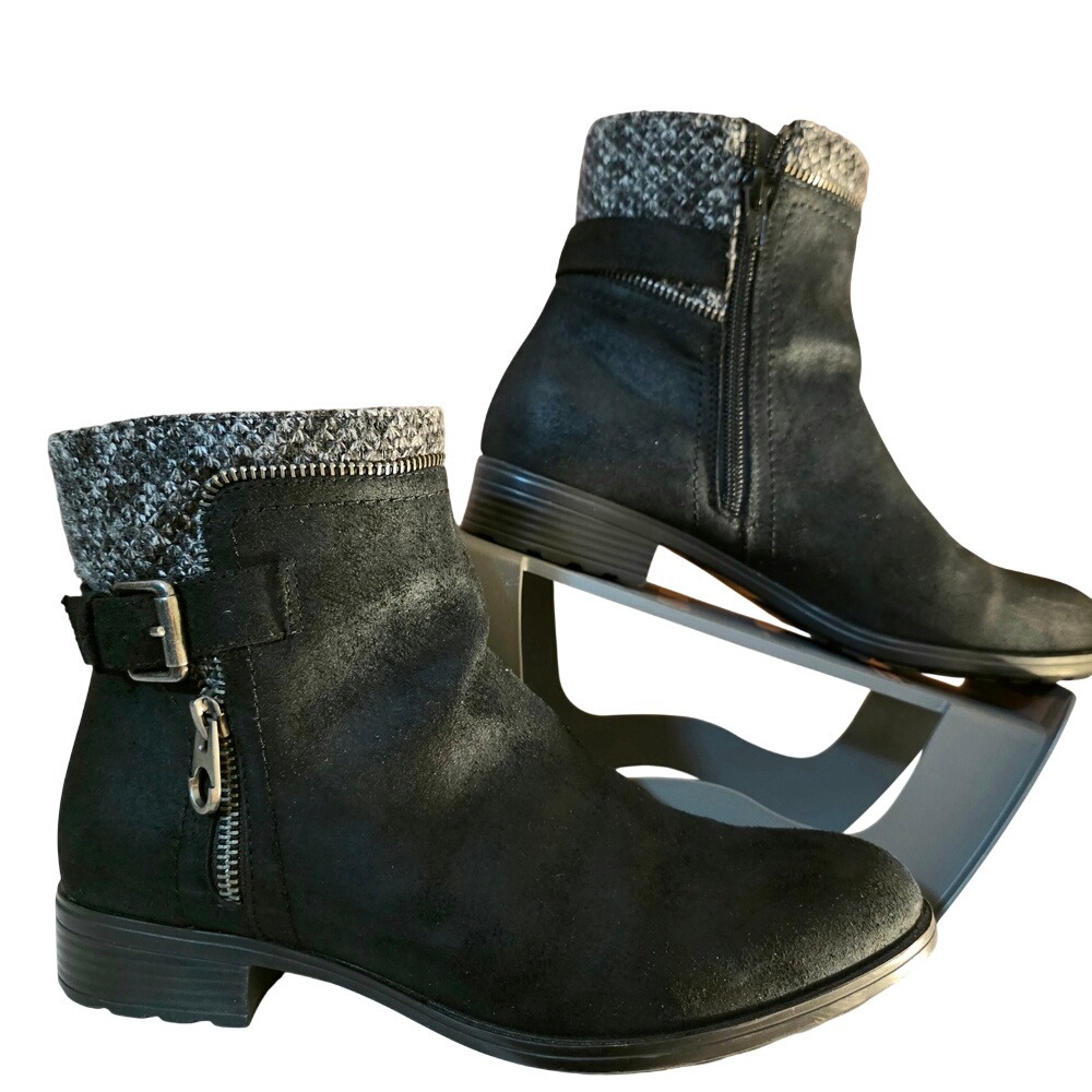 Black Faux Suede Ankle Boots with Knit Sweater Cuff & Buckle Detail Winter Fall